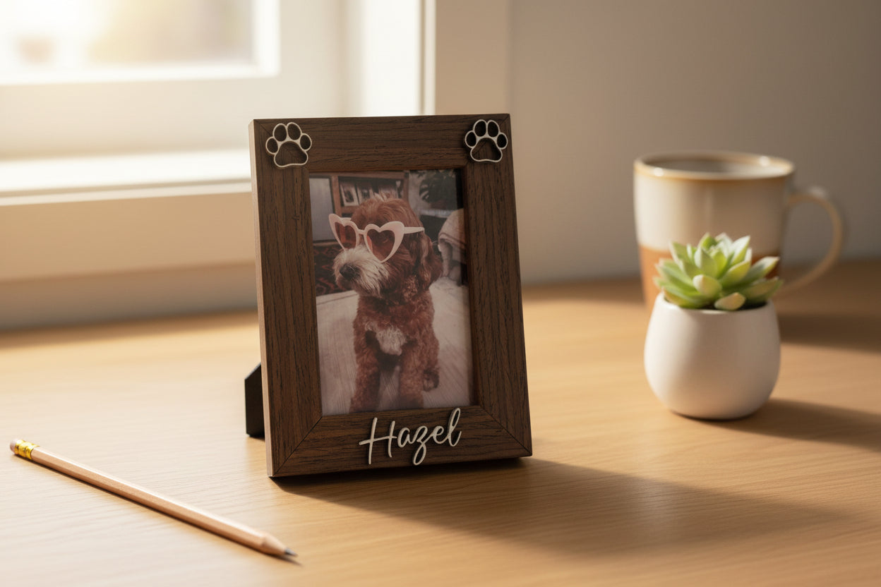Mini Pet Picture Frame Personalized | Custom Dog Cat Name Laser Engraved | 2x3 Polaroid Frame | Rustic Wood Paw Print | Pet Memorial Gift | Desk Frame for Pet Lovers"