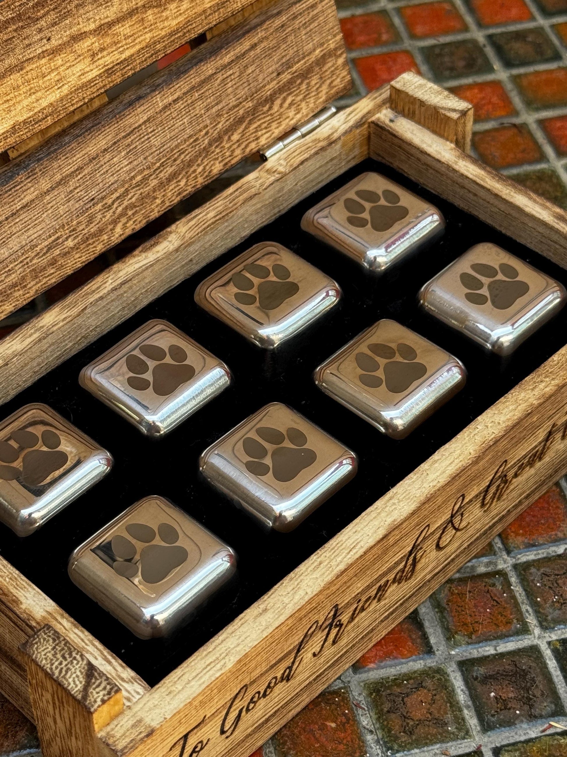 Whiskey Stones - Custom Engraved Whiskey Gift Set Groomsmen Father Christmas Paw Print, Animal Lover