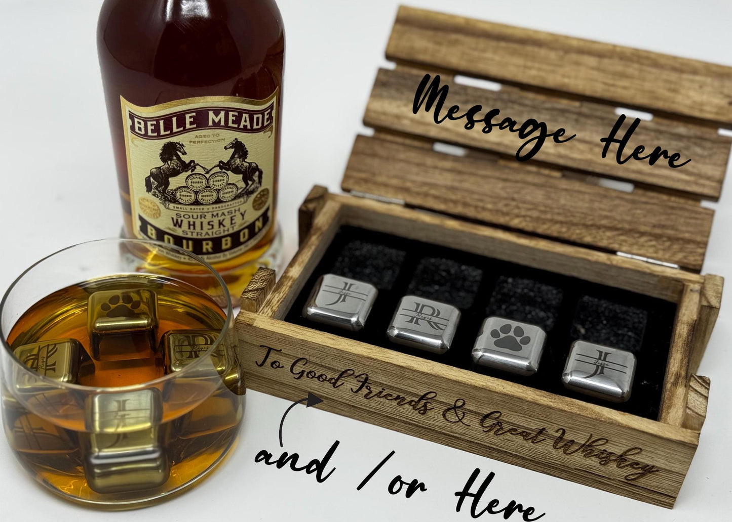 Whiskey Stones - Custom Engraved Whiskey Gift Set Groomsmen Father Christmas Paw Print, Animal Lover